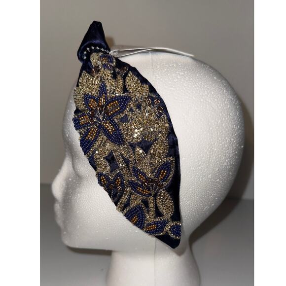 Elegant Navy Beaded Headband with Gold & Bronze Floral Embroidery - Picture 1 of 10